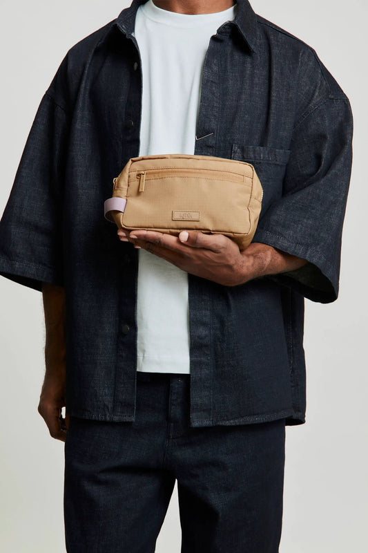 Kei Lithe Washbag Toffee Vandra by Lefrik USA tan cosmetic bag with zipper and lavender strap on Tampa Home & Garden Store
