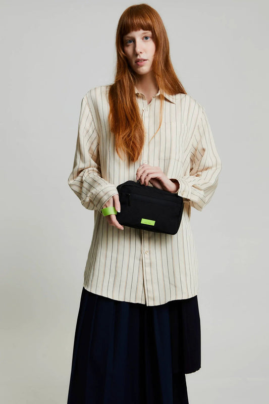 Kei Lithe Washbag Black Lime Lefrik USA compact black cosmetic pouch with neon green label on Tampa Home & Garden Store