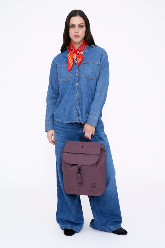 Kaut Backpack Maroon 19L Lefrik USA carried by model in denim on Tampa Home & Garden Store