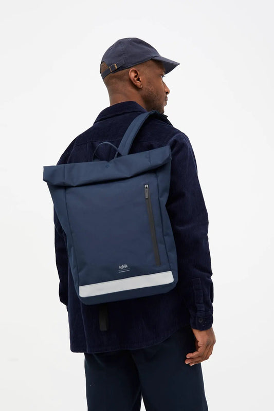 Lefrik Roll Reflective Backpack Navy with roll closure, front zip pocket on Tampa Home & Garden Store