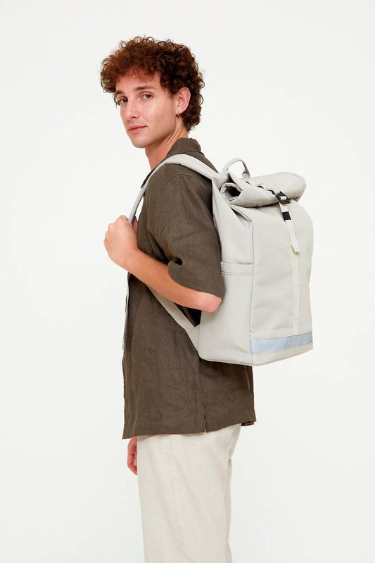 Lars Roll Backpack Fossil with Laptop Pocket in light gray with roll-top and blue bottom on Tampa Home & Garden Store