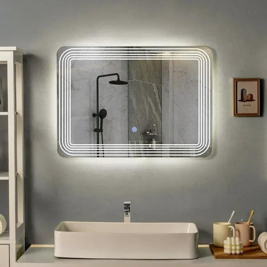 3 Tone LED Touch Sensor Bathroom Mirror with concentric LED border, wall-mounted above sink on Tampa Home & Garden Store