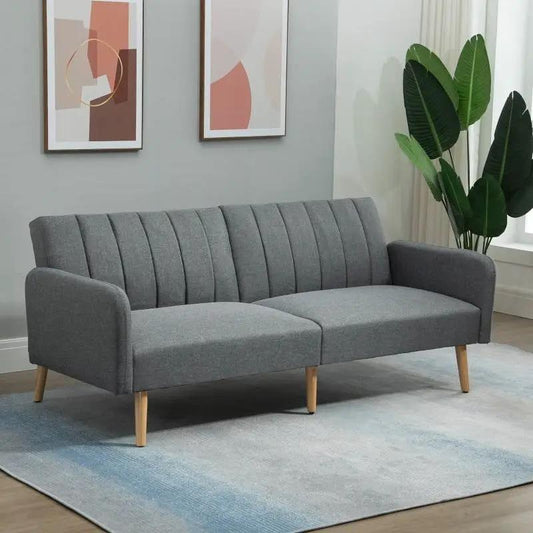 Modern mid-century gray linen-touch futon sofa bed with light wood legs on Tampa Home & Garden Store