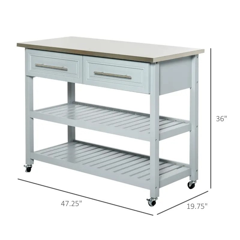 Isla de cocina rodante gris claro 2 cajones de almacenamiento con encimera de acero inoxidable