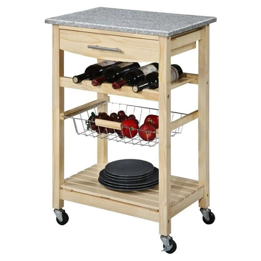 Natural wood kitchen island cart with granite top, wine rack, metal basket, and casters on Tampa Home & Garden Store