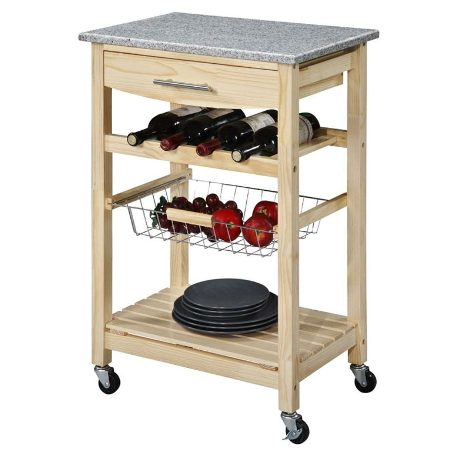 Carrito de isla de cocina de madera natural con encimera de granito