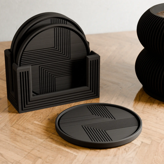 Lined Coaster Set of 4 with Modern Lines black coasters with geometric grooves and holder on Tampa Home & Garden Store