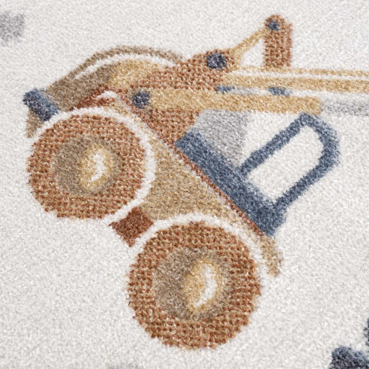 Construction Washable Kids Area Rug with tan brown shapes and blue accents on beige background on Tampa Home & Garden Store