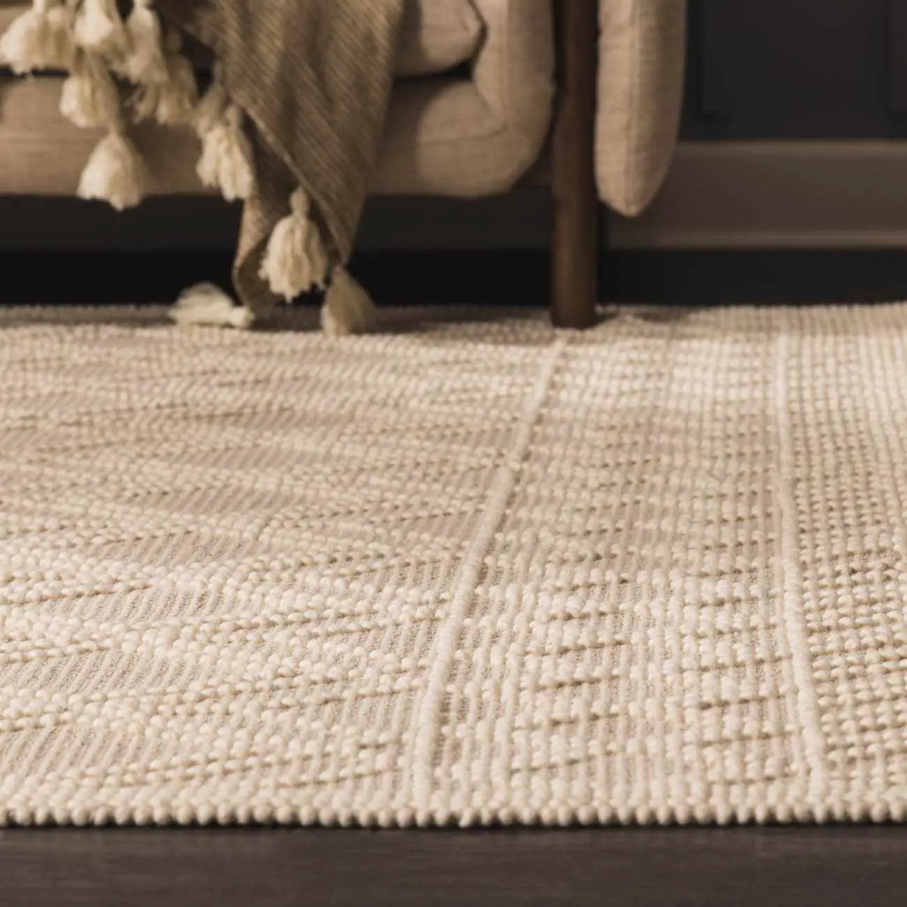 Ramsbury Beige Trellis Wool Rug with Tassels by Boutique Rugs, beige wool rug on Tampa Home & Garden Store