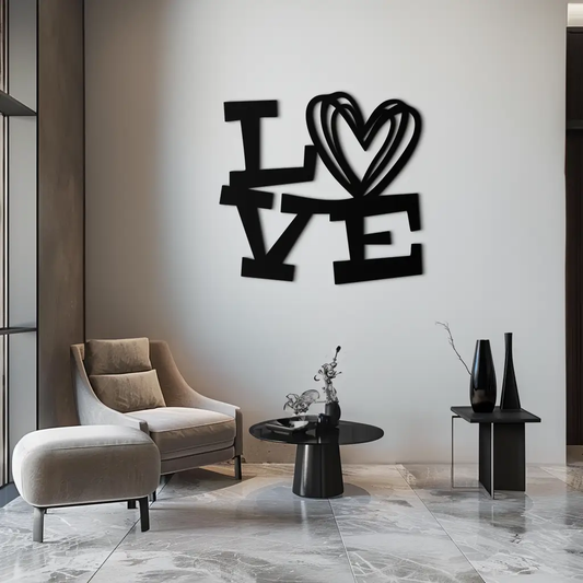 Love Heart Modern Metal Wall Art in black with bold LOVE letters and heart motif on Tampa Home & Garden Store