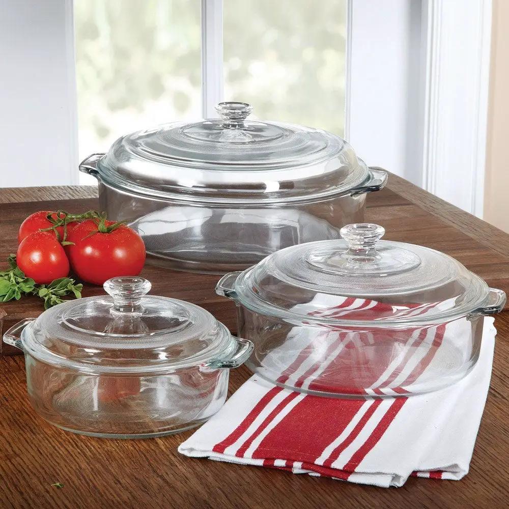Round Glass Casserole Bakeware Set with Lids 6-piece clear glass with large and small dishes on Tampa Home & Garden Store