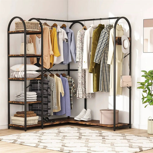 Corner Garment Rack with Shelves and Rods in black metal with wood shelves, holds clothes and accessories on Tampa Home & Garden Store