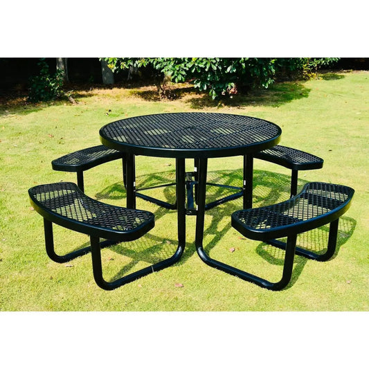 Heavy duty round steel picnic table with curved benches, black metal mesh surface in yard on Tampa Home & Garden Store