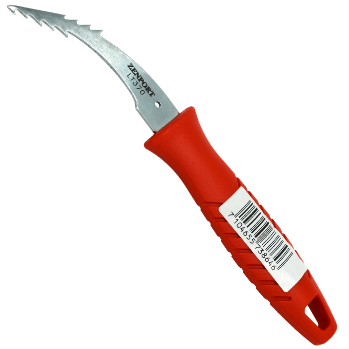 Zenport stainless weeder with red handle and serrated curved blade on Tampa Home & Garden Store