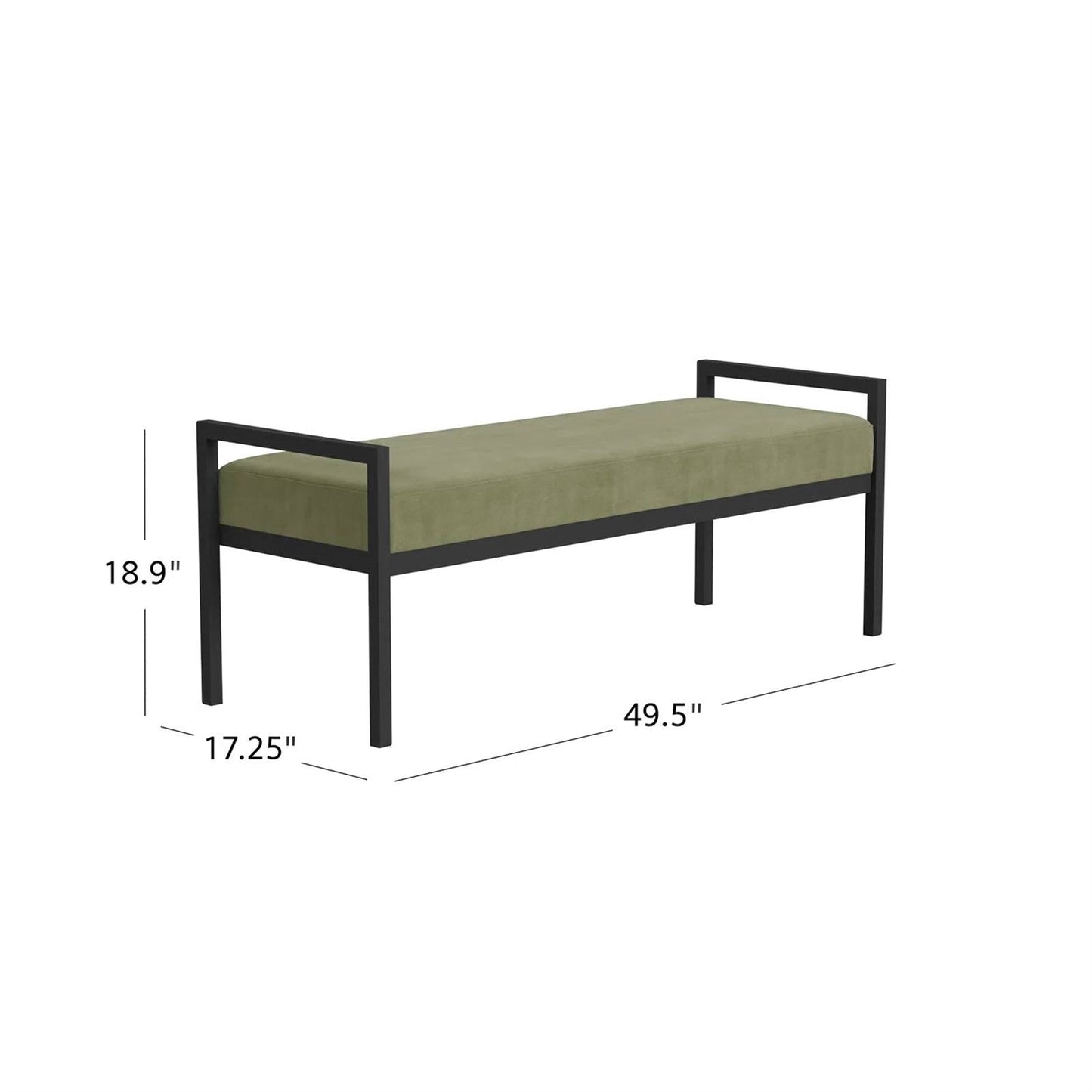 Banco de cama industrial moderno con estructura de metal negro y cojín de terciopelo verde salvia