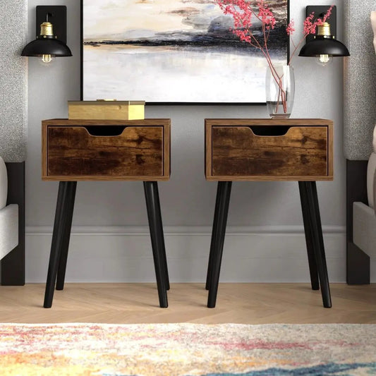 Set of 2 modern farmhouse nightstands in brown wood with black angled legs, single drawers on Tampa Home & Garden Store