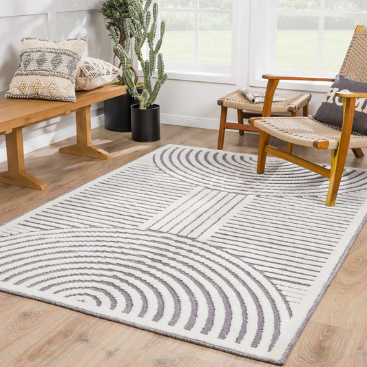 Deron Gray Rainbow Rug from Boutique Rugs, gray and white striped machine washable rug on Tampa Home & Garden Store