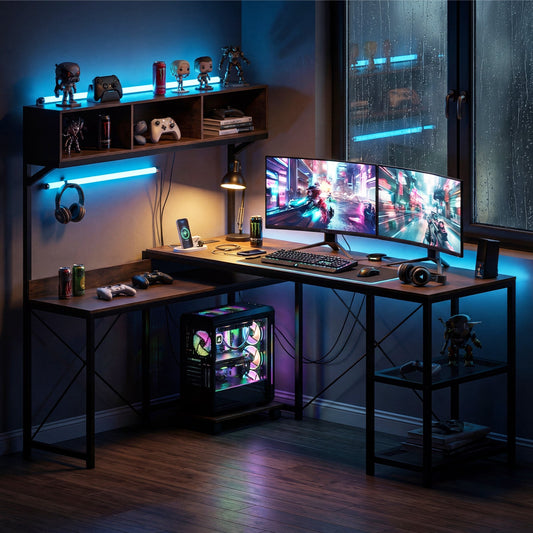 L-Shaped Computer Desk with Power Outlets 62 Inches Corner Desk with Storage Hutch-Brown