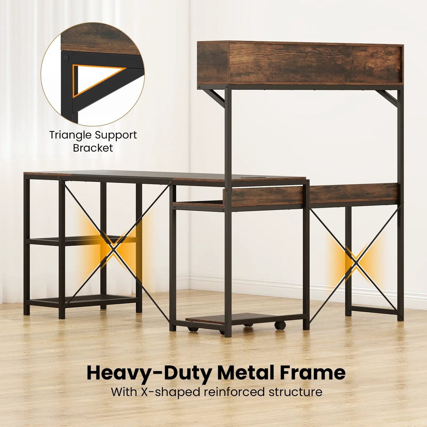 L-Shaped Corner Desk With Power Outlets brown wood top black metal frame on Tampa Home & Garden Store