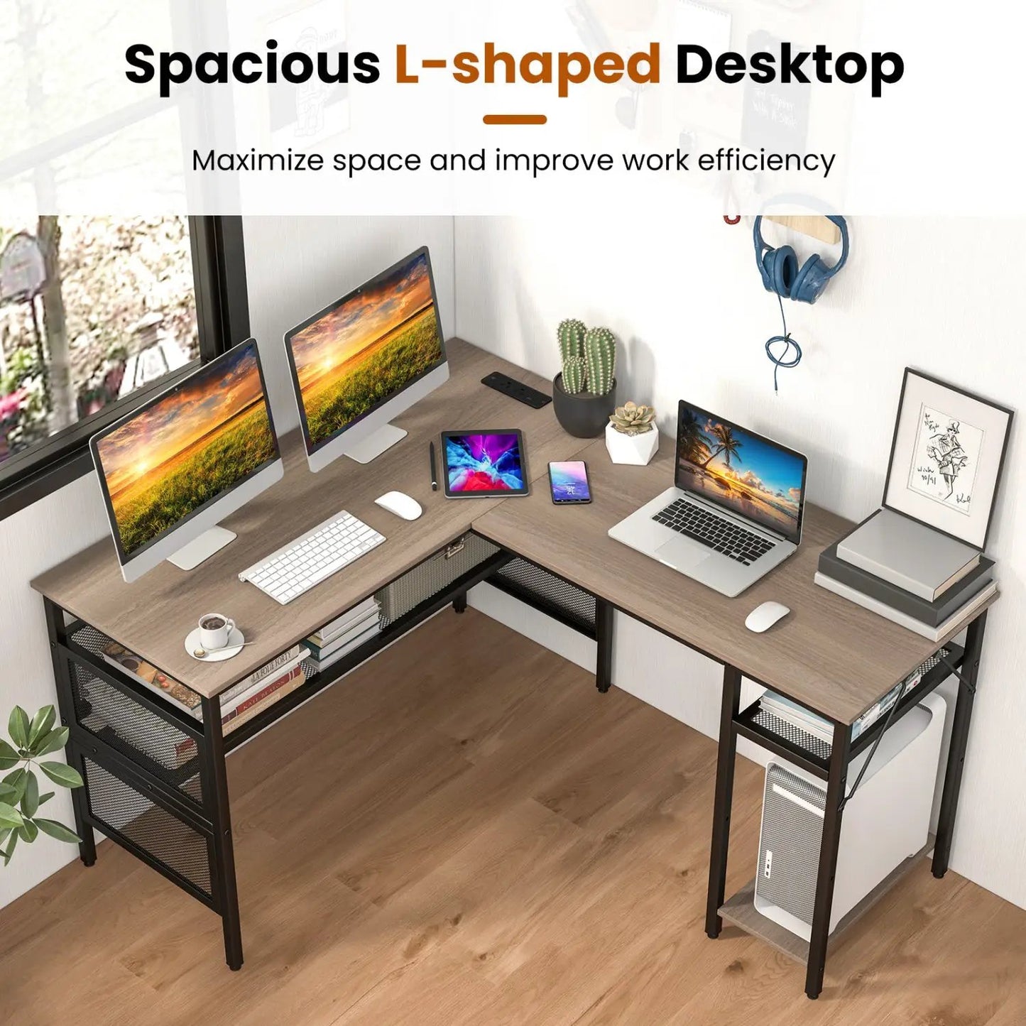DirectDeals L-shaped desk with charging station and shelf, wood top, black metal frame on Tampa Home & Garden Store