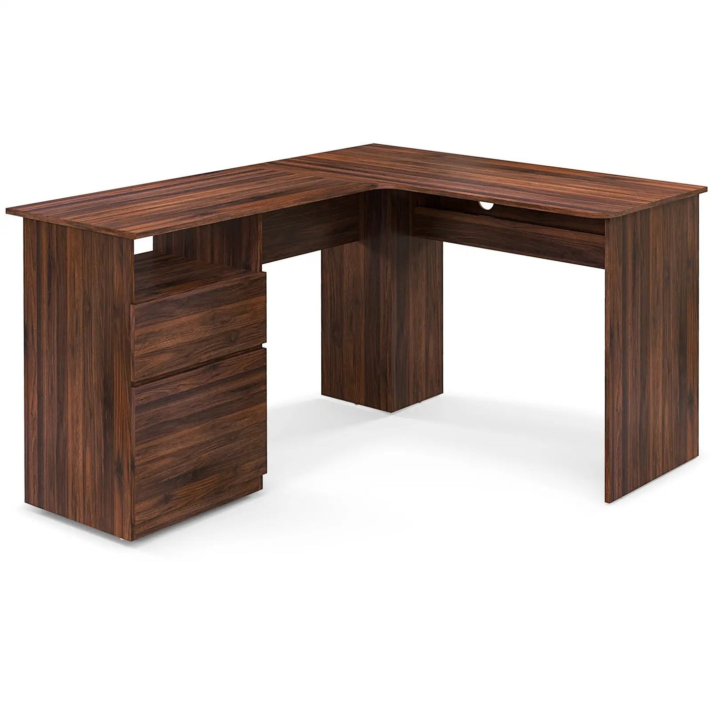 L-shaped computer desk in dark walnut finish with built-in letter-file drawer on Tampa Home & Garden Store