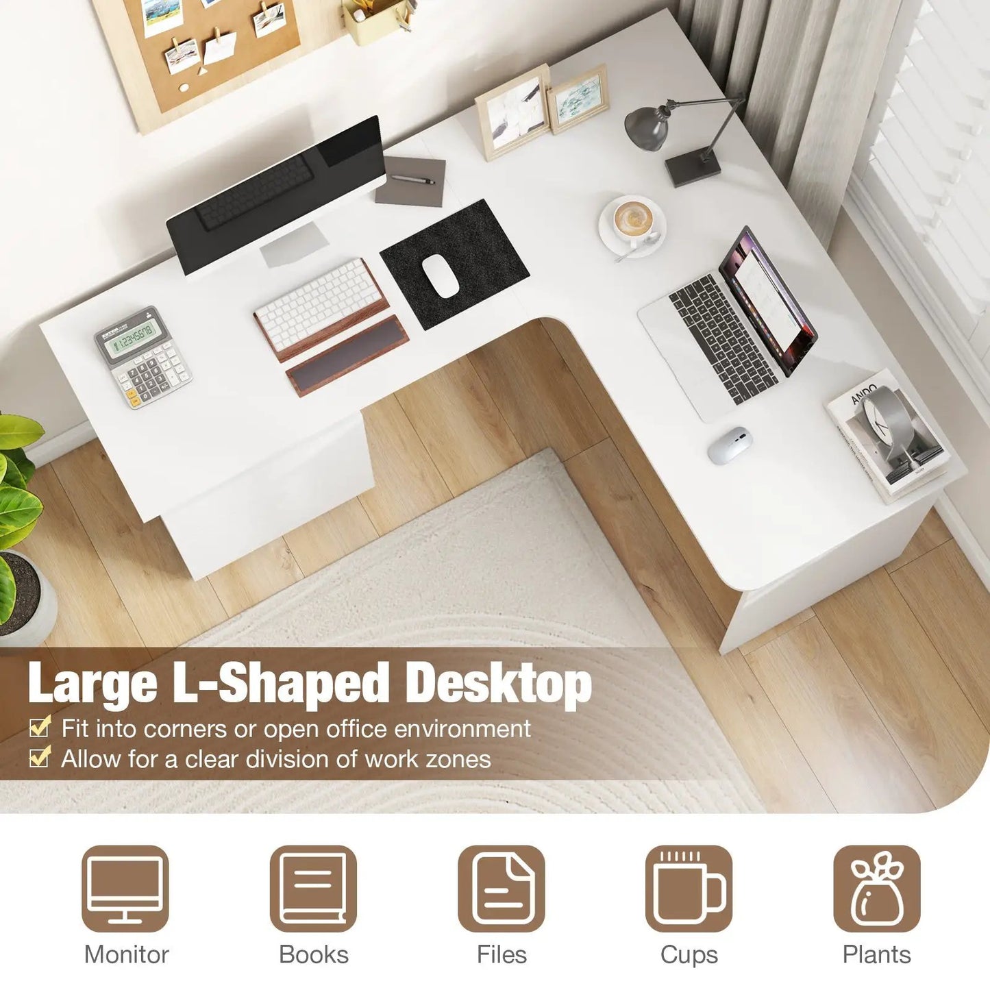 DirectDeals L-Shaped White Desk with Letter File Drawer, modern corner workstation on Tampa Home & Garden Store
