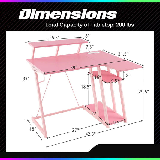 DirectDeals pink L-shaped gaming desk with outlets and USB ports on Tampa Home & Garden Store