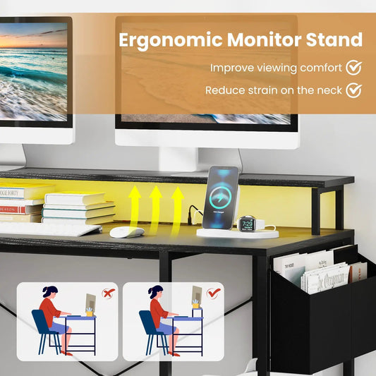 L-shaped desk with LED lighting and power outlets, black frame with shelf DirectDeals on Tampa Home & Garden Store
