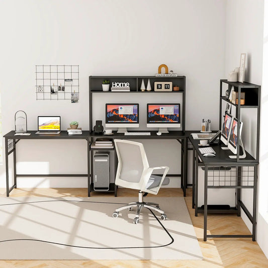L Shaped Desk With Power Outlet Hutch black DirectDeals with two monitors and shelf storage on Tampa Home & Garden Store