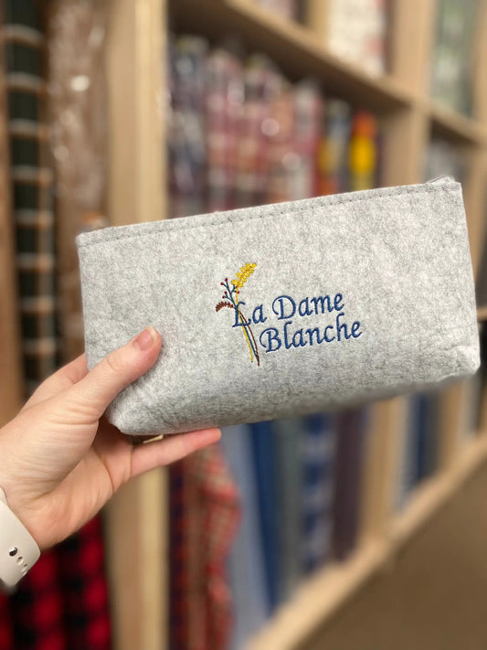 La Dame Blanche Embroidered Felt Zipper Pouch gray felt with floral embroidery Thistle & Stitch on Tampa Home & Garden Store