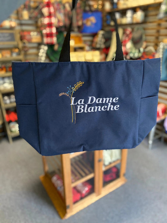 La Dame Blanche Embroidered Tote Bag navy canvas with black handles Thistle & Stitch on Tampa Home & Garden Store