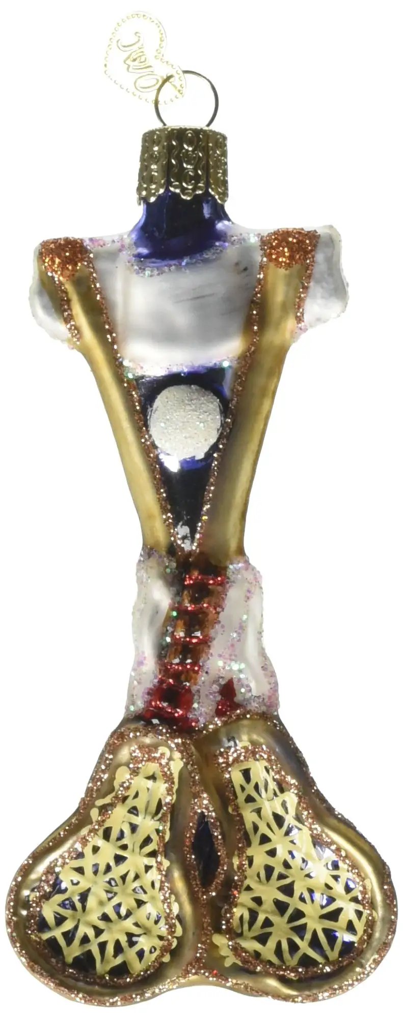 Lacrosse Set Glass Ornament with colorful gown design; blue neck, white torso, glitter gold trim on Tampa Home & Garden Store