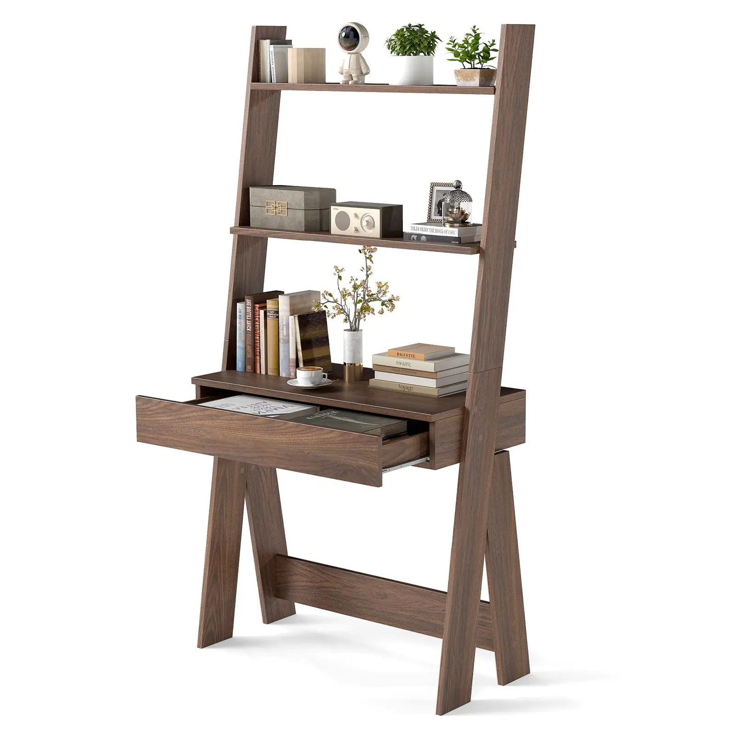 Ladder Shelf Desk with Drawer and Anti-Toppling DirectDeals, dark wood, 3-tier on Tampa Home & Garden Store