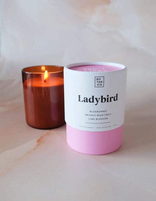 Ladybird candle by Terra Cotta Botanical Boutique, 7.5 oz, pink container, lime blossom scent on Tampa Home & Garden Store