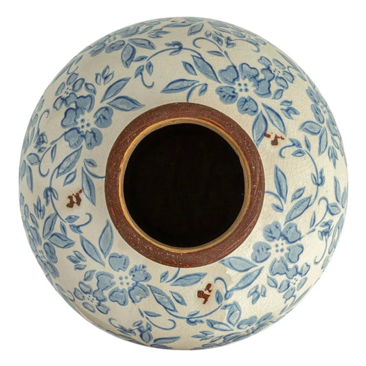 Lainey Terracotta Floral Transferware Vase blue floral on cream glaze with terracotta rim on Tampa Home & Garden Store
