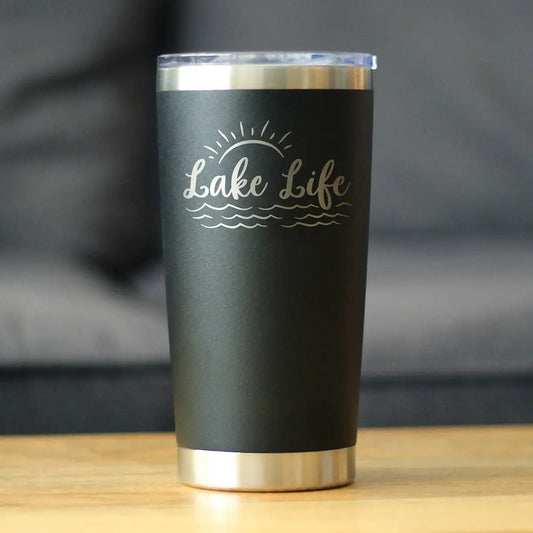 Lake Life insulated coffee tumbler sliding lid by bevvee black matte steel with silver rims 20oz on Tampa Home & Garden Store