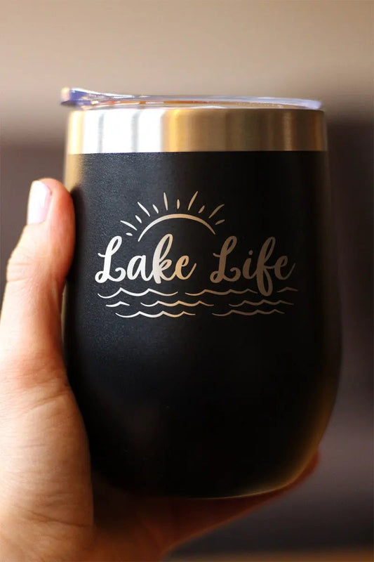 Lake Life stemless wine tumbler by bevvee, black stainless steel insulated with sliding lid on Tampa Home & Garden Store