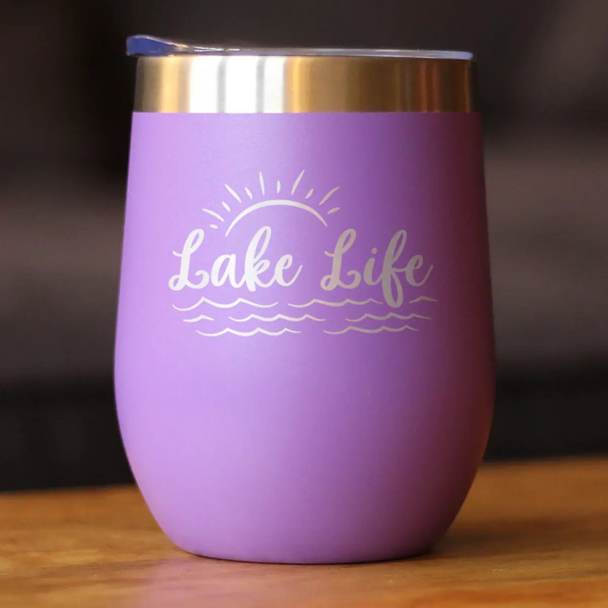Lake Life stemless wine tumbler by bevvee, purple stainless steel insulated cup with sliding lid on Tampa Home & Garden Store