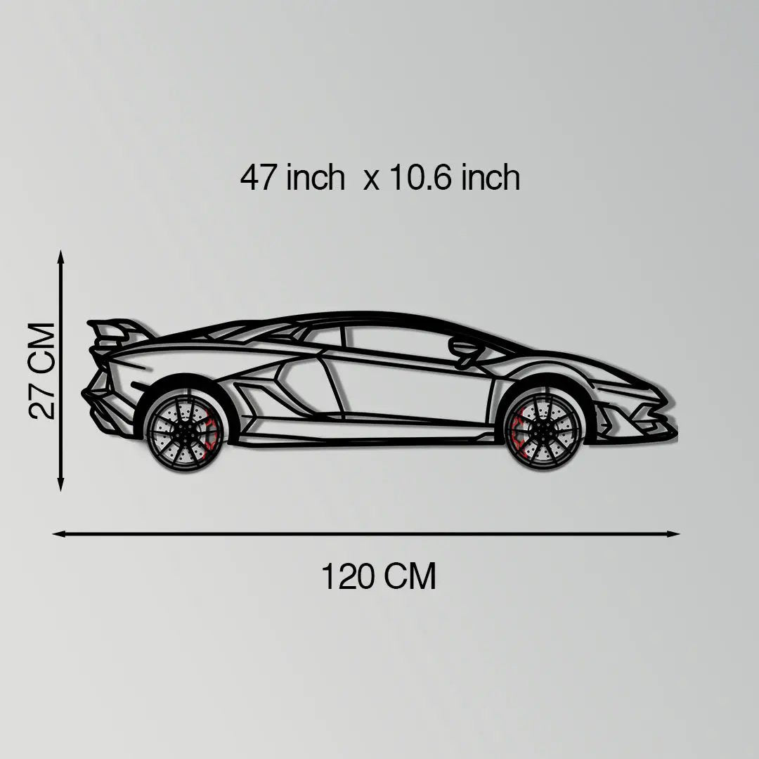 Lamborghini Aventador metal wall art silhouette in black with red wheel accents on Tampa Home & Garden Store