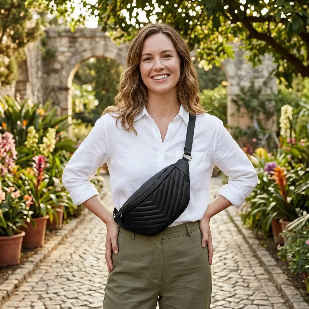 Soft Lambskin Embroidered Waist Bag for Women by MiamiLeathers, black chevron quilted fanny pack on Tampa Home & Garden Store