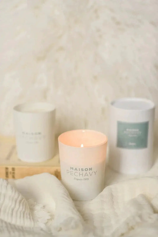 Lana Candle with Wood Fire Lavender Patchouli by Maison Pechavy, pink glass votive lit on Tampa Home & Garden Store