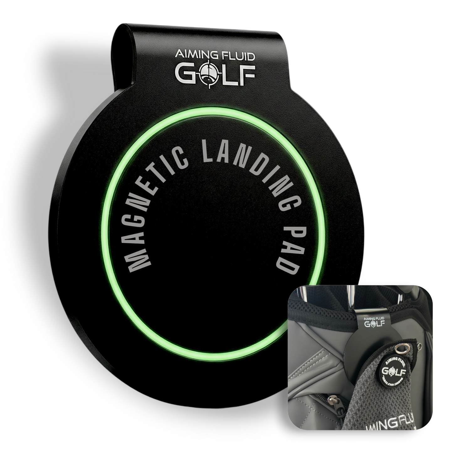 Magnetic Landing Pad black device with green LED ring and Aiming Fluid Golf brand on Tampa Home & Garden Store