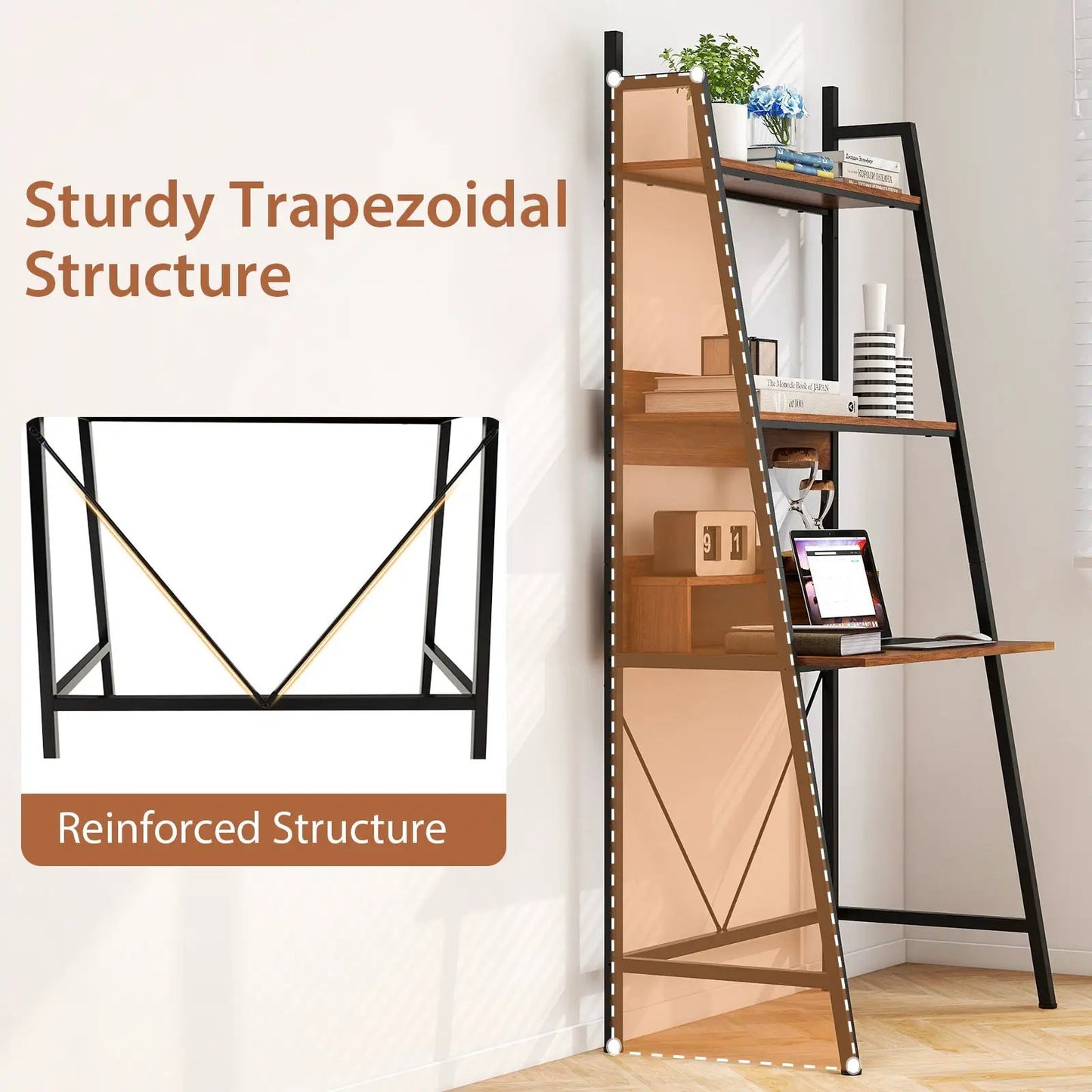 71 Inch freestanding laptop desk with shelves in black metal and brown wood, ladder-style on Tampa Home & Garden Store