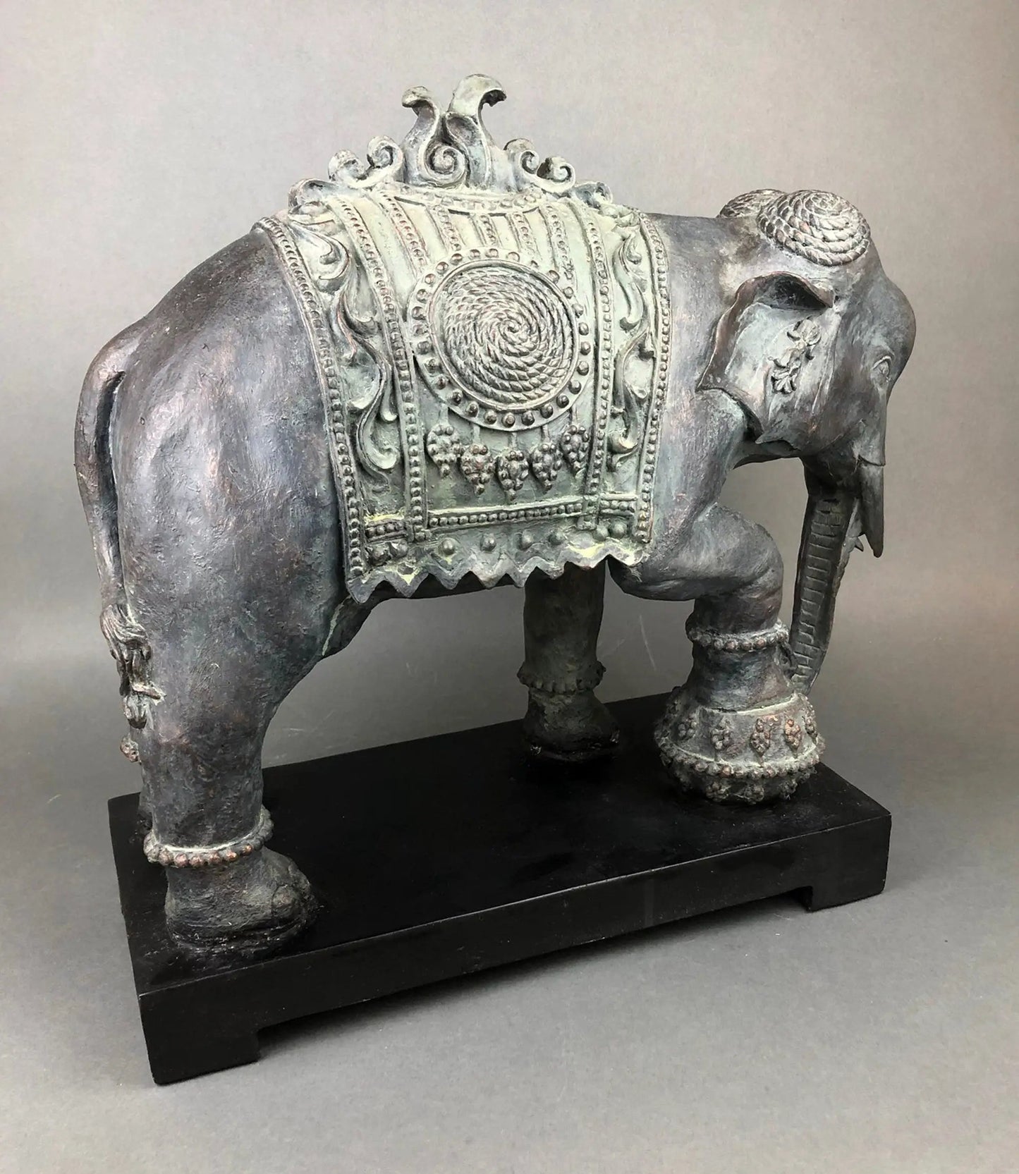 Elephant statue made of resin with ornate blanket, dark patina, Anything Discovered on Tampa Home & Garden Store