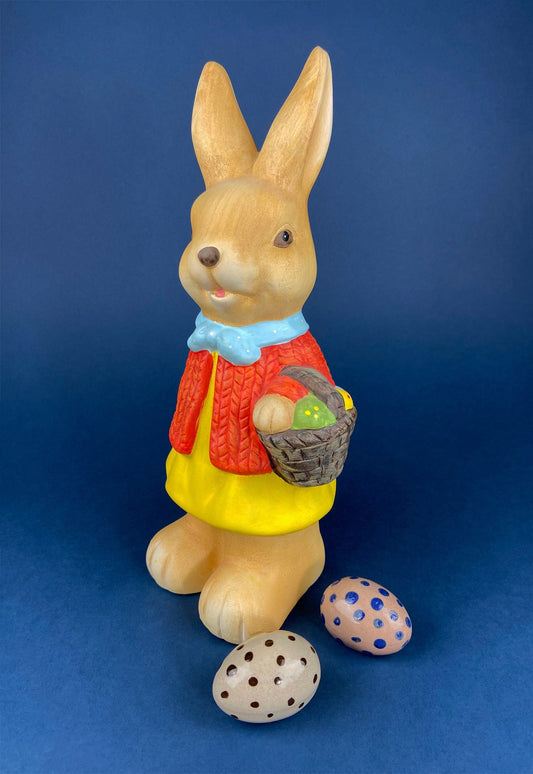 Large Girl Bunny Figurine Carrying Basket with Painted Eggs. Vintage Pottery, Hand Painted Female Rabbit. Easter Decor. Kids Room Decor. - Tampa Home & Garden Store