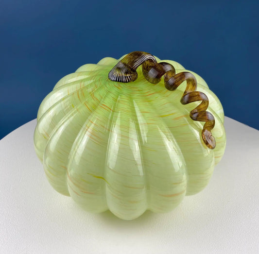 Hand blown glass pumpkin lime yellow gourd with brown spiral stem, decorative fall decor on Tampa Home & Garden Store