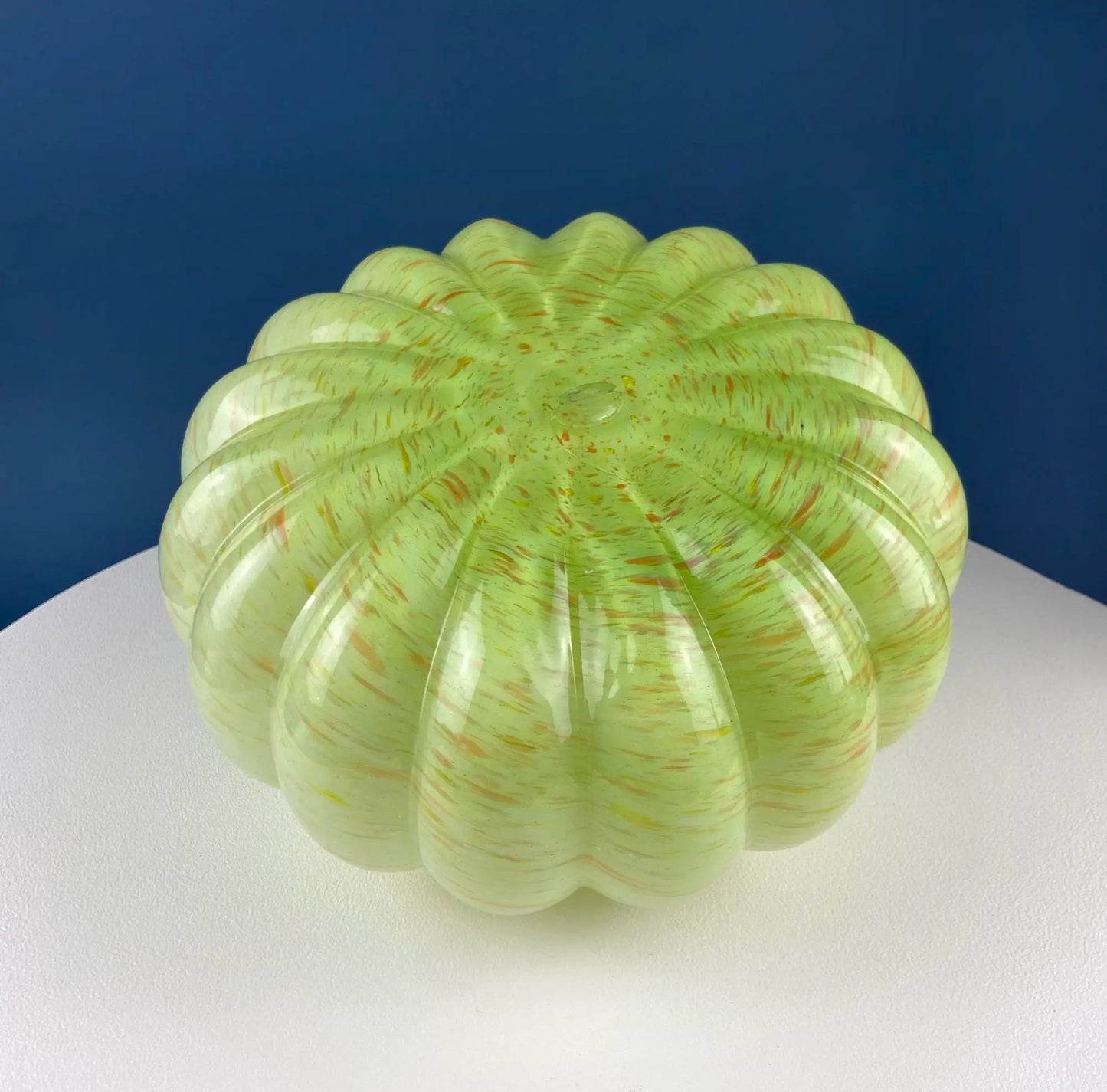 Hand blown lime yellow glass pumpkin gourd with orange speckles, large decorative piece on Tampa Home & Garden Store