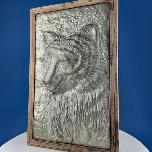 Large hand-pounded metal bear wall art with rustic wood frame on Tampa Home & Garden Store