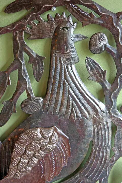 Large Rooster Wall Art in hammered pewter metal with textured feathers and proud stance on Tampa Home & Garden Store