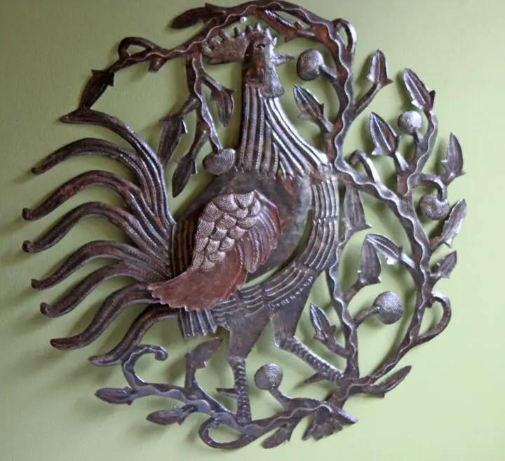 Large rooster wall art in hammered pewter-silver metal finish on Tampa Home & Garden Store